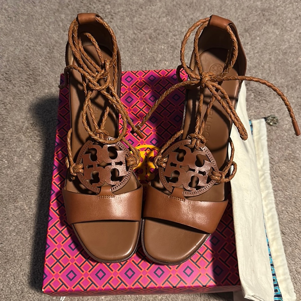 Tory Burch Miller Dark Ambra Leather Braided Ankle Tie Wedge Heels Sz 9 NIB